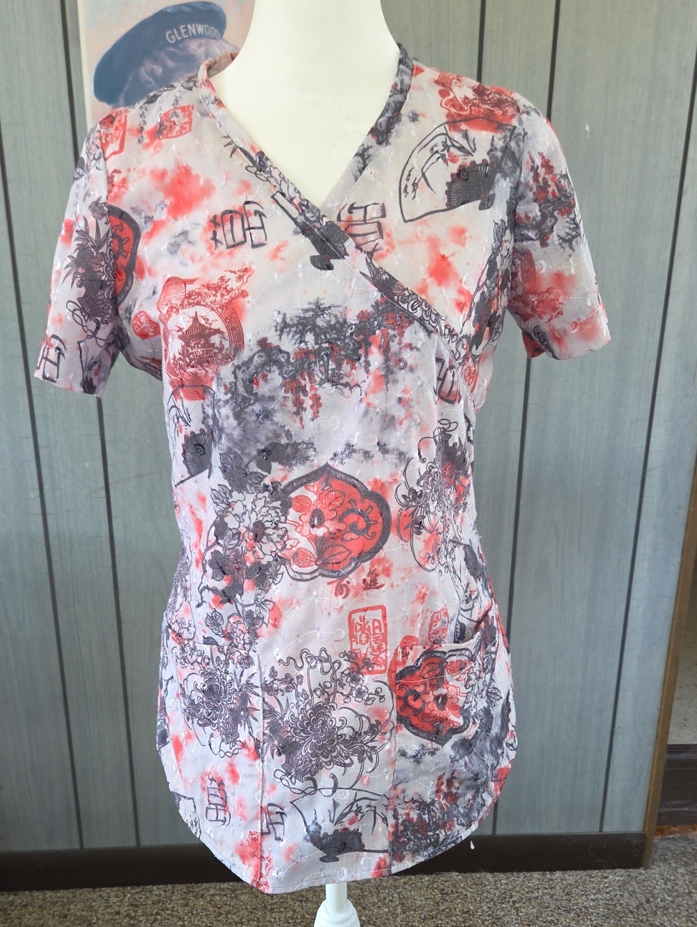 Barco Women’s Red & Gray Printed Wrap-Style Scrub Top